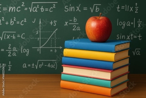 Fototapeta Stack of colorful books with an apple set against a chalkboard background with mathematical formulas