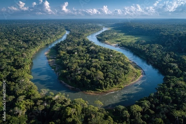 Obraz Aerial view showcases a wide, winding river carving through lush green rainforest under a bright, blue sky