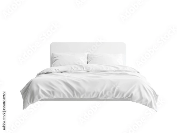Fototapeta Cozy white bed with soft pillows and comforter on transparent background