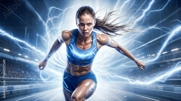 Fototapeta A strong female runner sprints with electrifying energy and dynamic lightning effects.