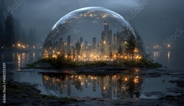 Obraz A glowing cityscape encased within a clear dome, set on a small island amidst calm water and a forested shoreline