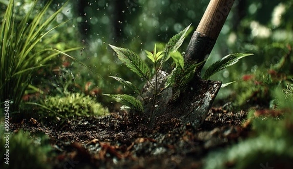 Obraz A shovel digs into rich soil, a small green plant emerges, surrounded by lush vegetation and falling water droplets