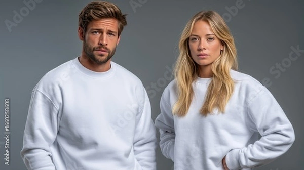 Fototapeta Two individuals express joy and camaraderie while standing side by side, dressed in matching casual wear and smiling broadly