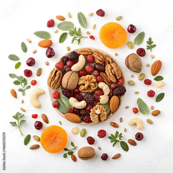 Fototapeta Mixed nuts, dried fruits, berries and leaves arranged in a flat lay on white background
