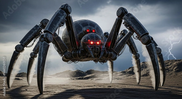 Obraz An imposing eightlegged mechanical spider. Generative AI.
