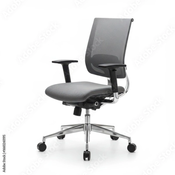 Fototapeta Modern office chair with mesh back, padded seat, adjustable armrests, and a chrome base, isolated on white