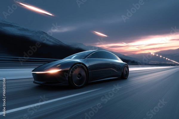 Fototapeta A sleek concept vehicle on an empty highway at dusk, motion blur effect, futuristic design.
