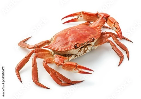 Fototapeta Steamed crab with red shell and legs, with some shadow under its body on white backdrop