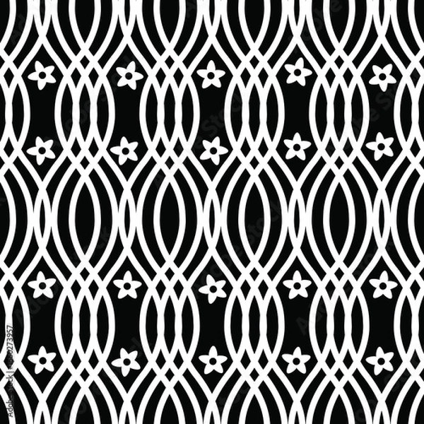 Fototapeta Raster illustration. black and white overlapping wavy lines with tiny flowers seamless repeat pattern. Best for kids apparel, home decor and textiles.