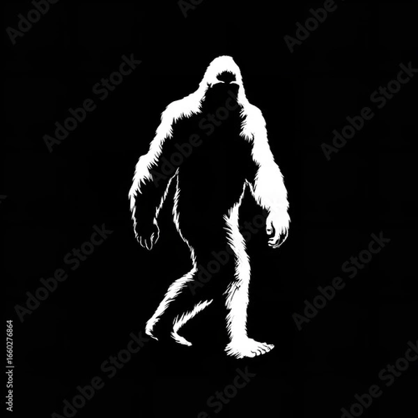 Fototapeta Cryptid in the shadows A fleeting glimpse of Bigfoot in a dark forest outlined in crisp white