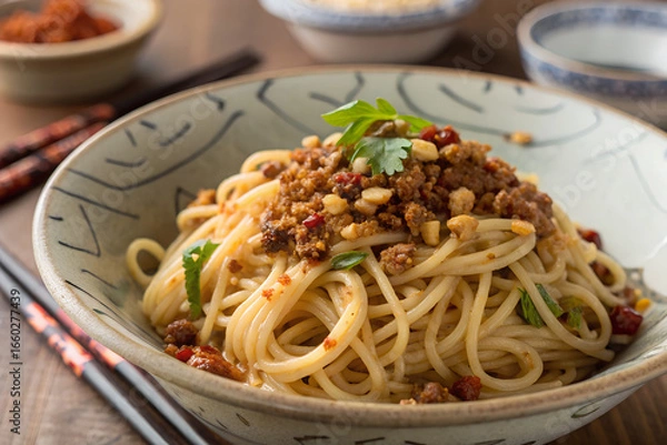 Fototapeta A bowl of noodles topped with minced meat, nuts, and fresh herbs