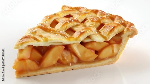 Fototapeta A tempting slice of warm apple pie with sweet caramel drizzle and lattice crust under soft even