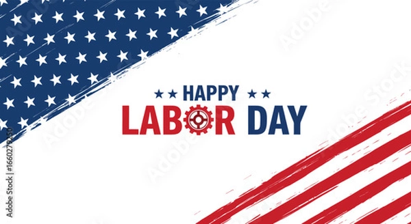 Fototapeta Happy Labor Day message displayed with red stripes and stars against white background
