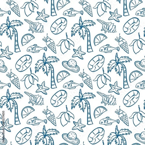 Fototapeta seamless pattern with summer elements doodle line