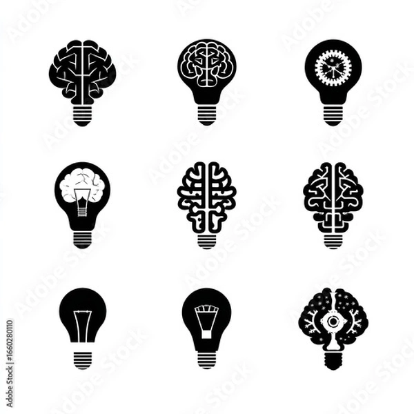 Fototapeta Ideas sparking within lightbulbs shaped like brains symbolizing innovation and creativity in black