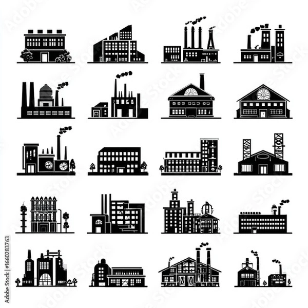 Fototapeta Silhouetted factories stand as symbols of industry against a stark white backdrop with intricate