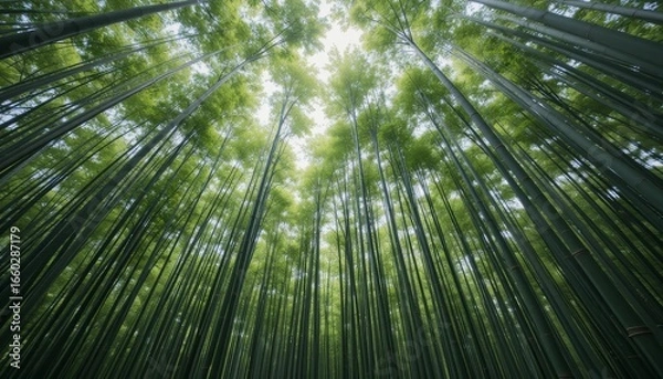 Fototapeta Dense bamboo forest with tall stalks reaching skyward and soft light filtering through canopy