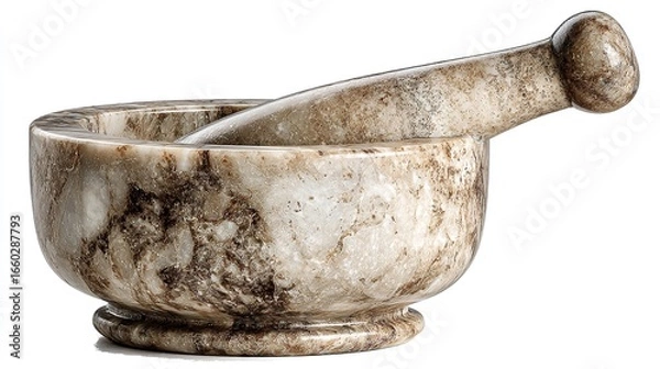 Fototapeta An ancient marble mortar and pestle poised ready to grind herbs and spices under stark studio