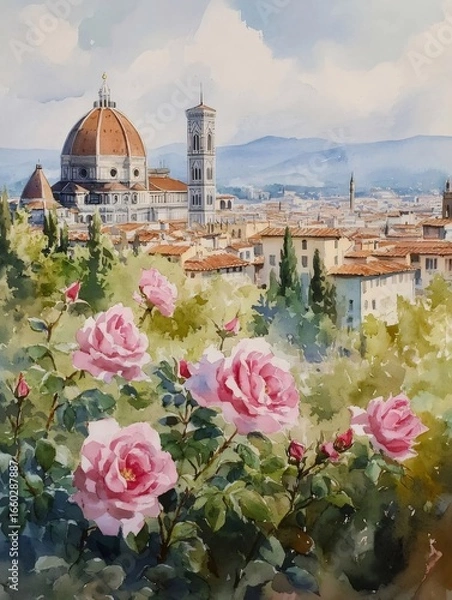 Obraz ピンクのバラとフィレンツェのドゥオーモの風景 水彩画 屋外 建築と都市の景色