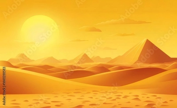 Obraz 黄金色の砂漠とピラミッドの夕日 シンプルな背景に鮮やかな太陽と雲