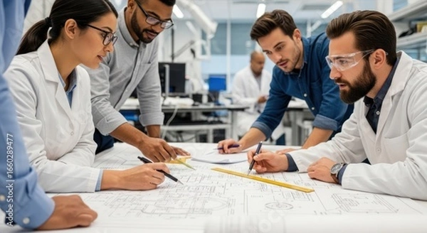 Fototapeta Engineers working on a blueprint in a laboratory.