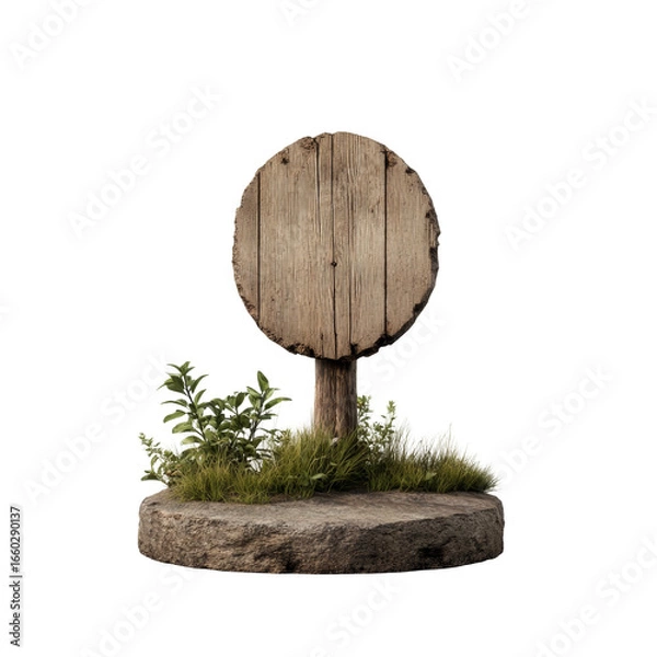 Fototapeta Rustic wooden sign on stone base with greenery