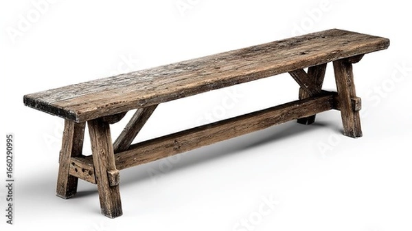 Fototapeta Evoking rustic charm An aged wooden bench whispering tales of time in a studio with a bright white