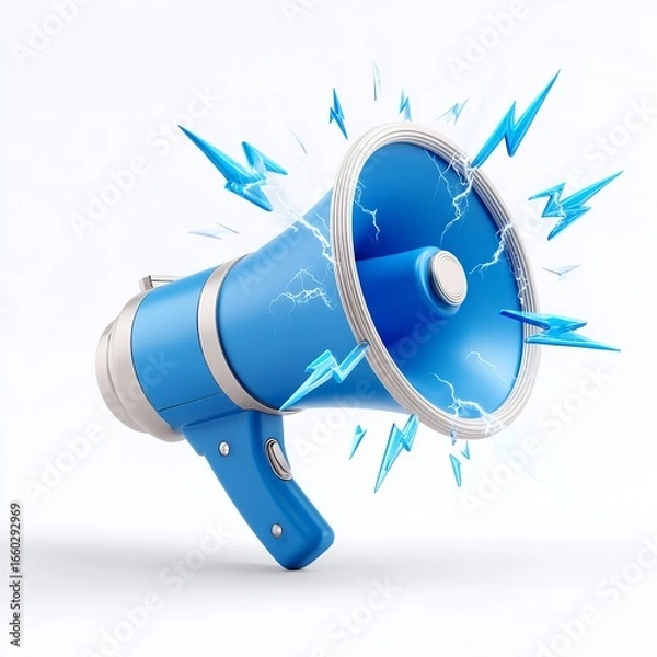 Fototapeta Announcing change A powerful blue megaphone amplifying a message with lightning effects on a white