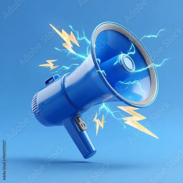 Fototapeta Announcing with power A vibrant blue megaphone amplified with electrifying lightning strikes against