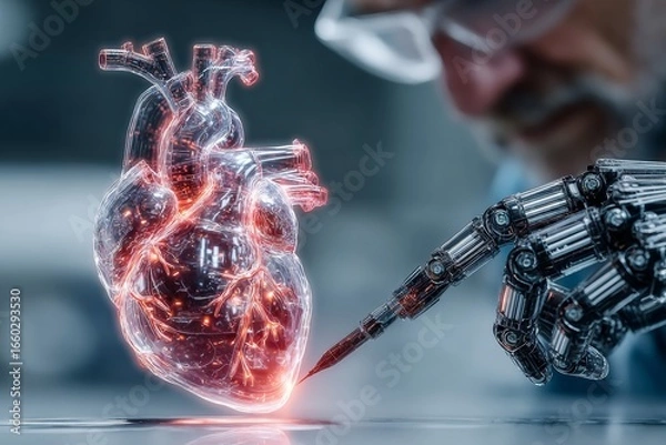 Fototapeta A futuristic scene of an AI-powered humanoid robot collaborating with a scientist. The robotic hand touches a glowing, holographic human heart, symbolizing cutting-edge medical technology, innovation.
