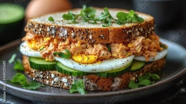 Fototapeta 食パンサンドイッチ クローズアップ表示 新鮮な卵 キュウリ トマトを添えた おいしい料理