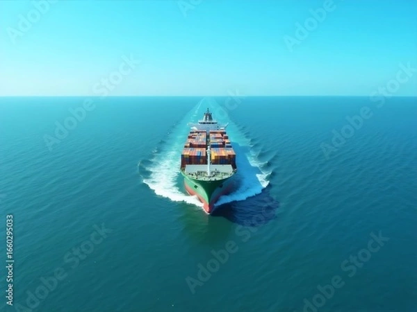 Obraz 大型コンテナ船が青い海を進む 水面と青空 貨物輸送の光景