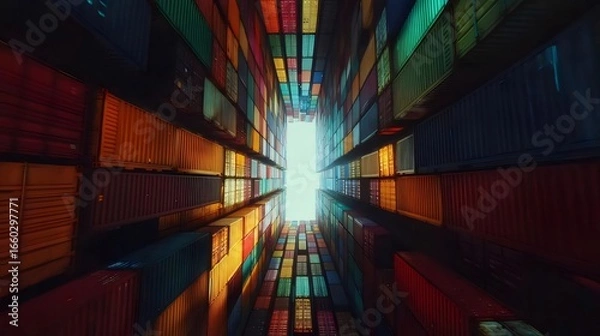 Obraz カラフルなコンテナ群の視点 垂直方向の光線が未来的な風景を照らす