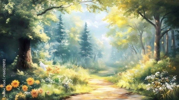 Obraz 美しい緑豊かな森の中の小道と太陽光が差し込む光景 太陽光が降り注ぐ木々