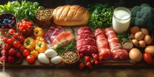 Obraz 新鮮な食材が並んだ健康的な食事の俯瞰図 木のプレートにカラフルな食品配置