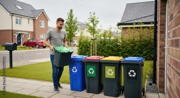 Fototapeta A man sorting recycling bins in a suburban neighborhood.