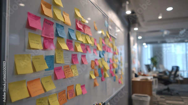 Fototapeta Colorful sticky notes whiteboard illustrate strategy initiative checkpoint for project planning