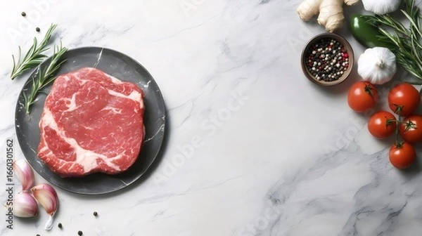 Fototapeta 新鮮なステーキと野菜の盛り合わせ大理石テーブルトップの俯瞰撮影