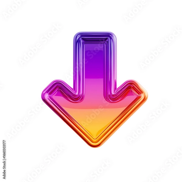 Fototapeta An icon of an arrow pointing down, with a purple and orange gradient color on a white background. 