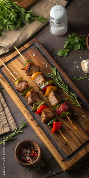 Fototapeta Grilled meat and vegetable skewers served on a wooden tray with herbs and spices