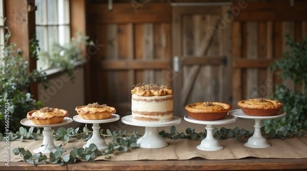 Obraz Rustic dessert table with naked cake, vintage pie stands, burlap runner, eucalyptus, soft window light, minimal styling.
