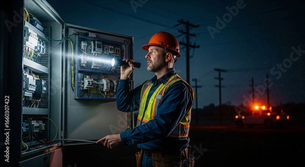 Fototapeta Electrical engineer technician working night shift with flashlight trying to restore power supply during an outage