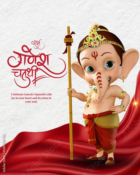 Fototapeta Lord Ganesha, Happy Ganesh Chaturthi Festival image with white background, kid Ganesh standing on Red Fabric, Happy Ganesh Chaturthi Image