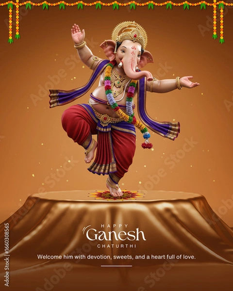 Fototapeta Ganesh Chaturthi Festival Image with Chocolate background with standing Ganesh ji photo, Ganpati Ji stock image, Happy Ganesh Chaturthi Greetings vector image
