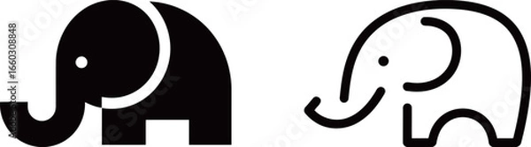 Fototapeta Set of two simple elephant icons in a black silhouette and a bold outline style. Perfect for a minimalist logo or graphic design.