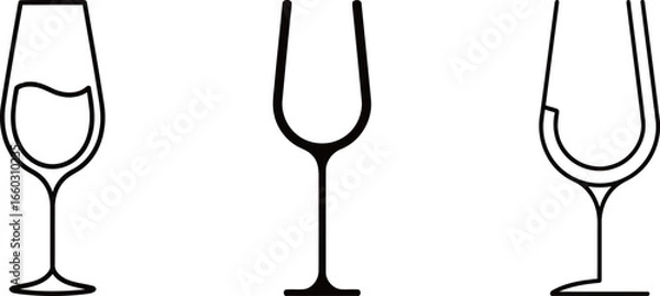 Fototapeta A set of three line art icons depicting different styles of wine glasses, ideal for a beverage or restaurant-themed design.