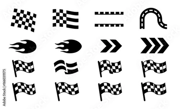 Obraz Racing icons set: flags, flames, and arrows in bold black silhouette design