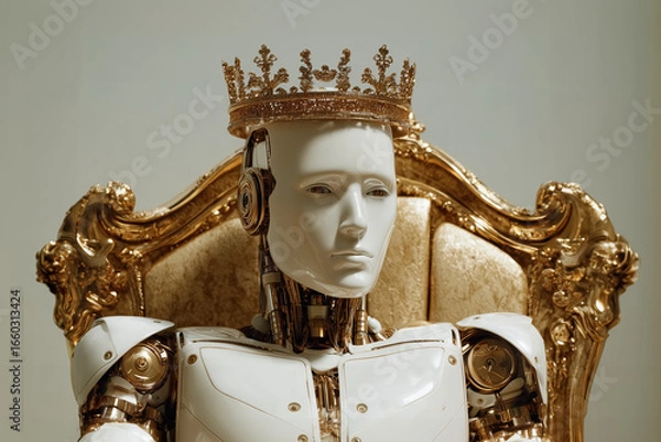 Fototapeta Android robot sitting on a golden chair wearing a golden crown. Concept of robots taking control over humanity. 