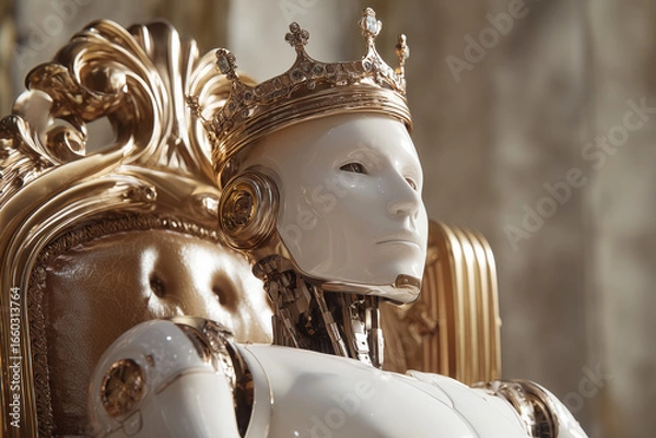Fototapeta Android humanoid robot sitting on a golden chair wearing a golden crown. Concept of robots taking control over humanity. 