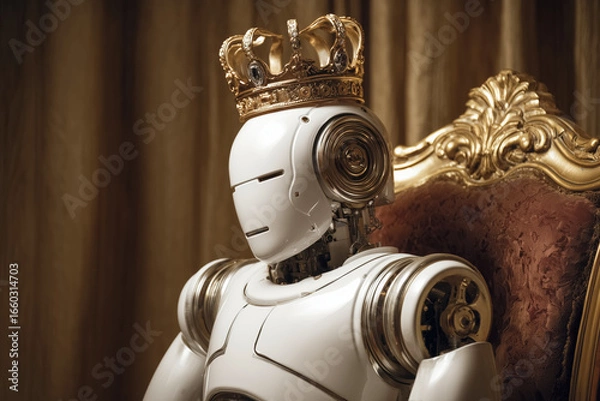 Fototapeta Android robot sitting on burgundy red velvet armchair with golden decor wearing a golden crown. Concept of robots taking control over humanity.	